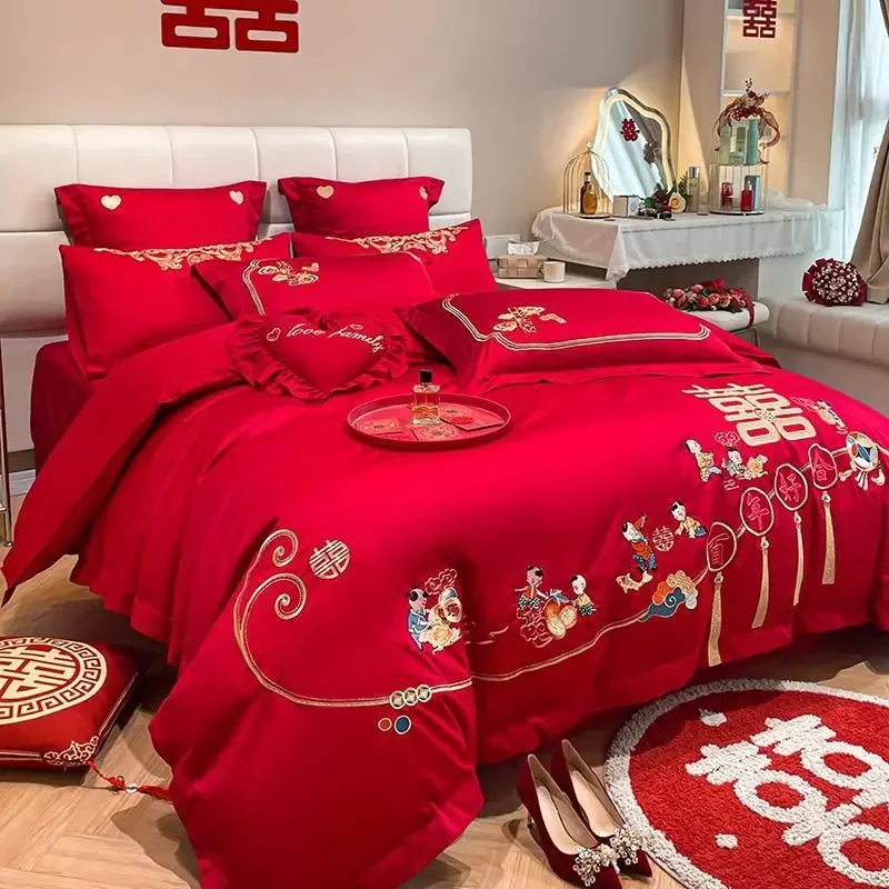 

Chinese Dragon and Phoenix Embroidery Wedding Four Piece Set, Big Red Bed Sheet, Quilt Cover, Pure Cotton Bedding