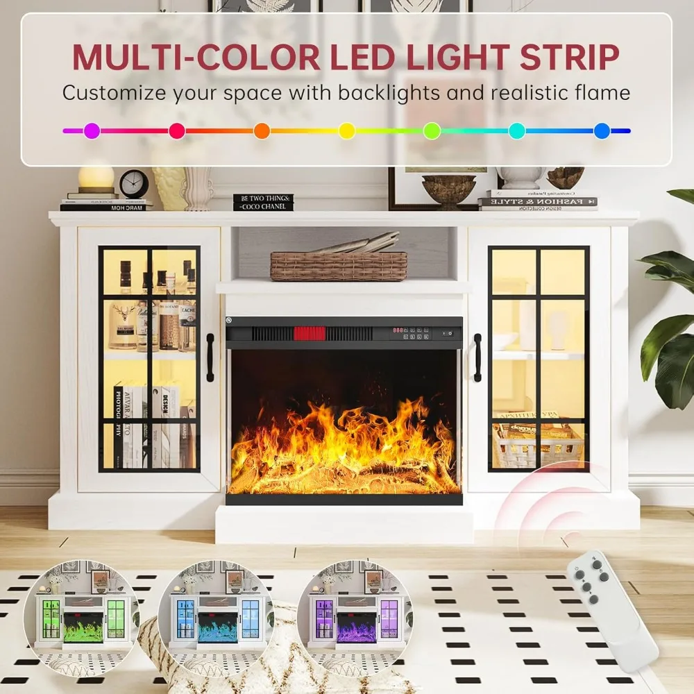 59'' Fireplace TV Stand, 3 Sided Glass Media Entertainment Center Console Table for TVs up to 65'' with Glass Door 3