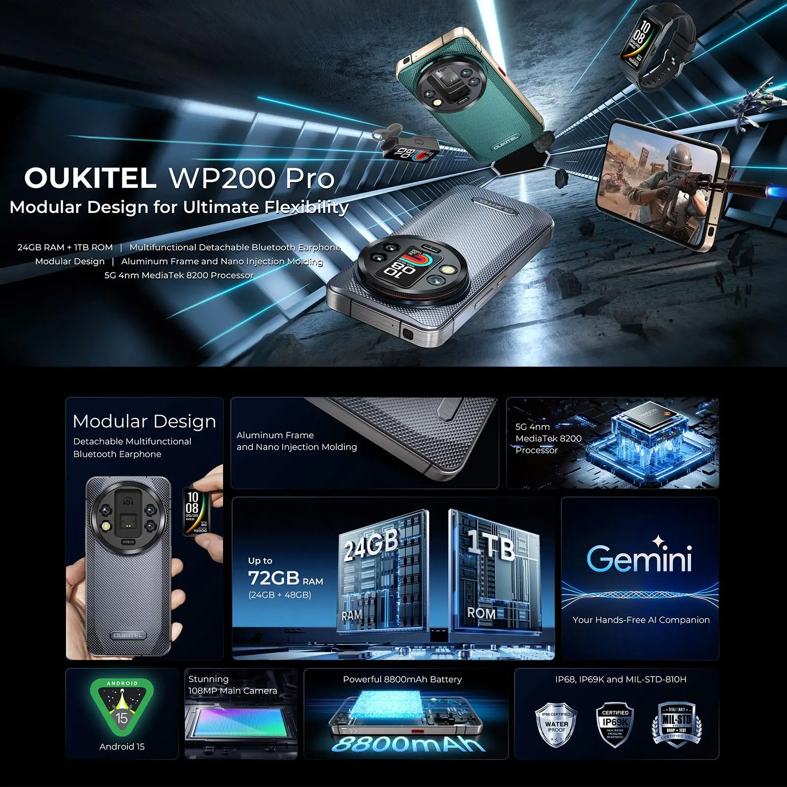 Oukitel WP200 Pro 24GB+1TB 5G Rugged Phone 6.7'' Android 15.0 MTK