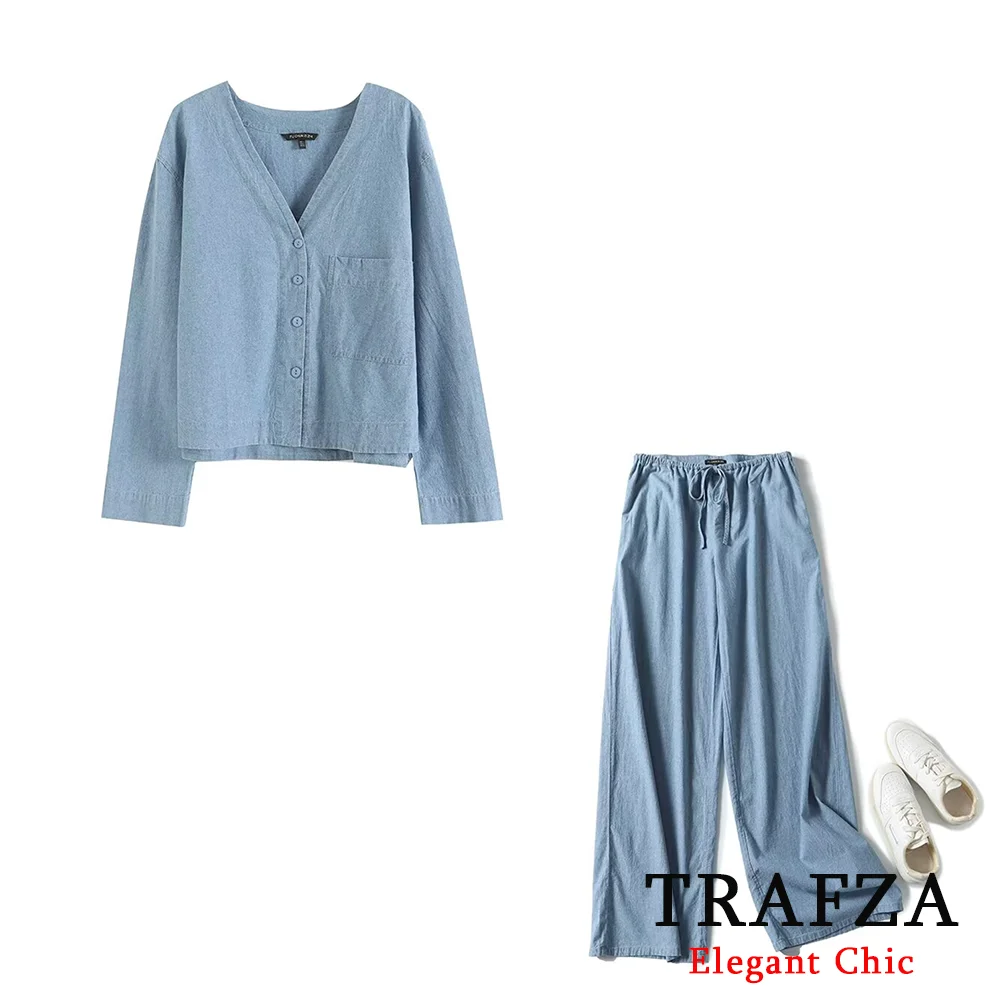 

Женский Повседневный костюм TRAFZA, однотонный синий комплект из 2 предметов, короткая рубашка с V-образным вырезом и брюки с поясом, Базовый костюм, лето 2024