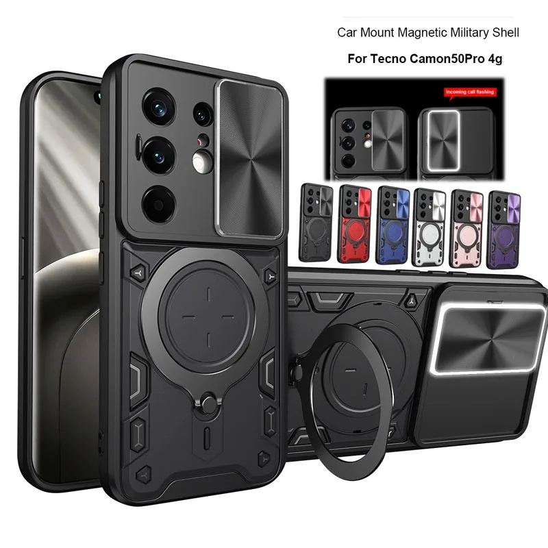 Tecno Camon Heavy Duty Shockproof Armor Case with Magnetic Ring Holder and Slide Lens Protection Cover