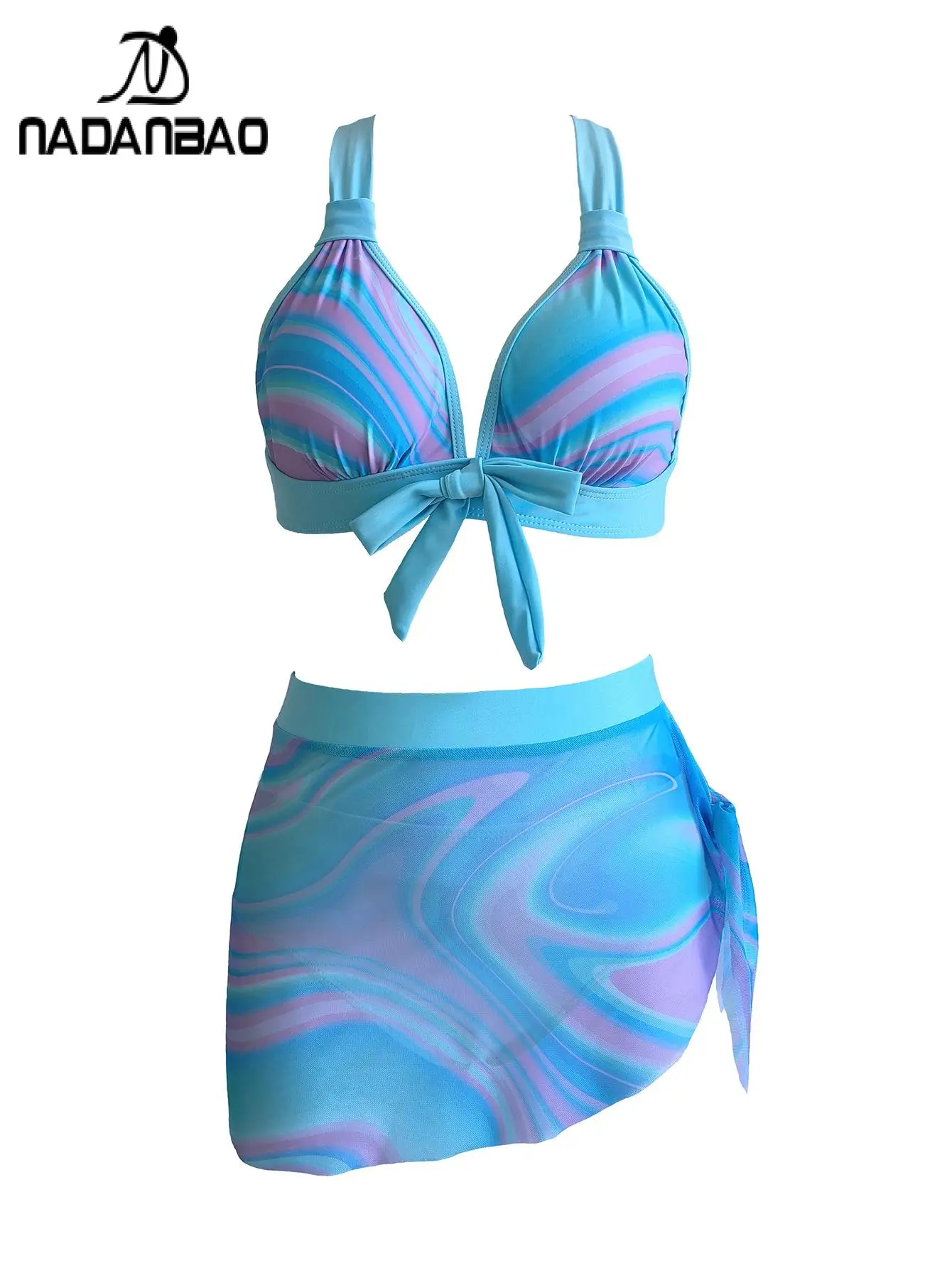 Nadanbao Gauze Set Bikini Swimwear Women Bow Backless Sexy Bodysuit Swimsuit Female 3D Printing Beach Party Surfing Beachwear