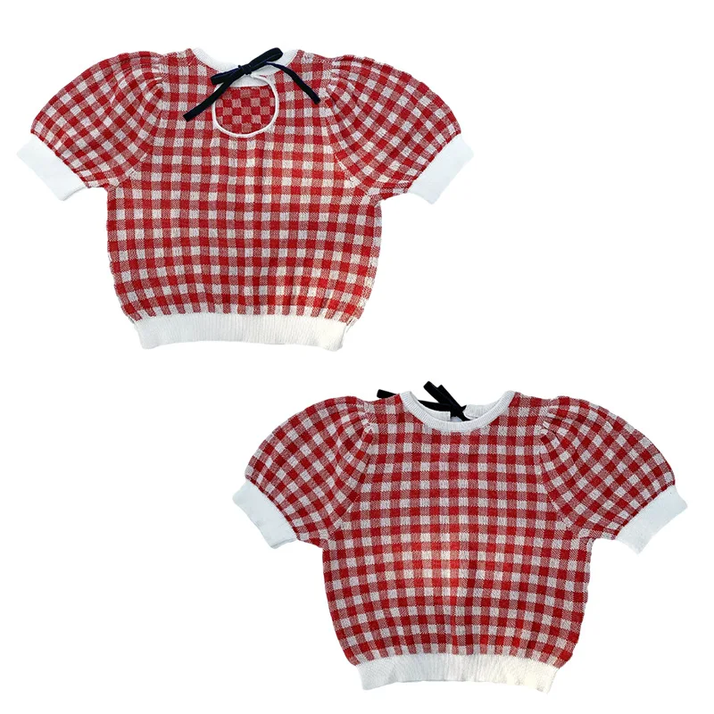 

Jenny&Dave 2022 New Girls' Checkered Short Sleeve Top Summer Thin Knitted Shirt Korean Edition Baby Bubble Sleeve Clothing Doll