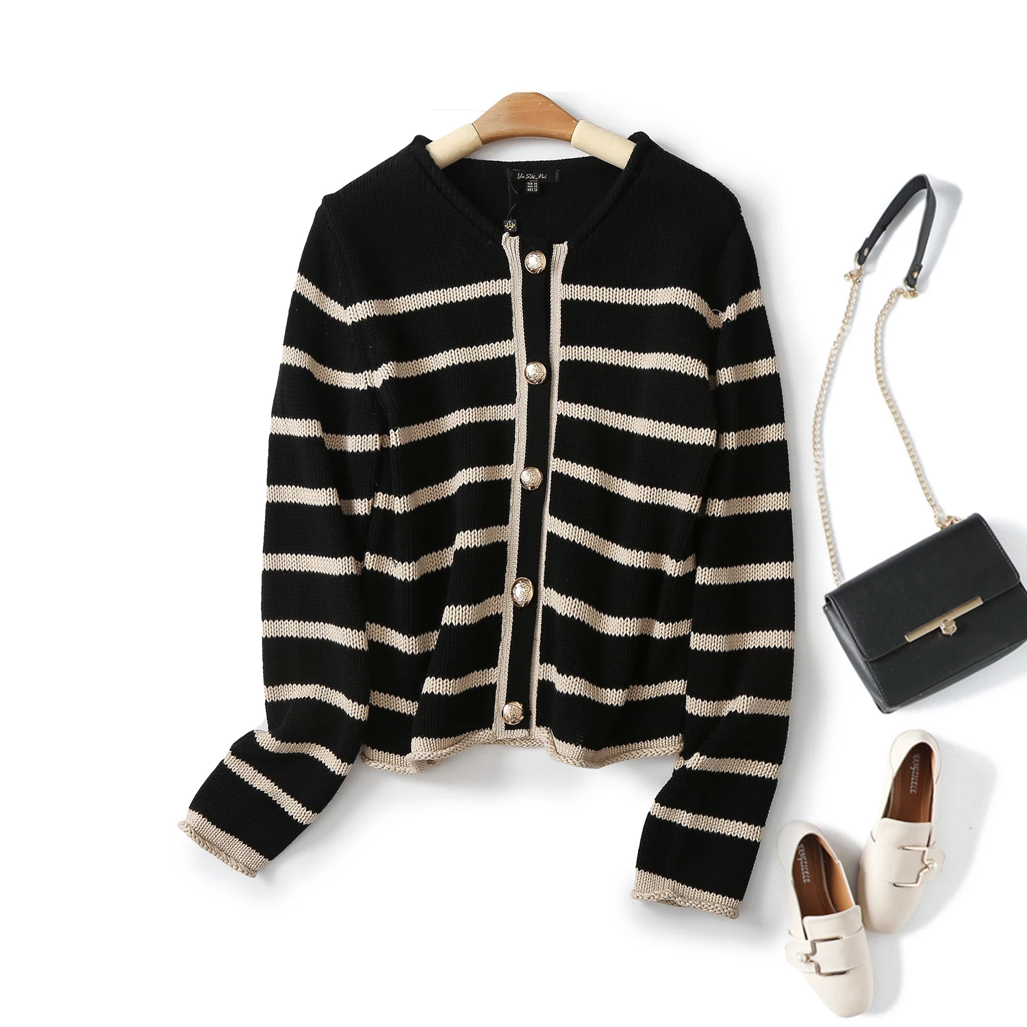 

Ethereal MD 2024 new style of Small fragrant wind thousand gold wind button striped round neck short jacket knitted cardigan