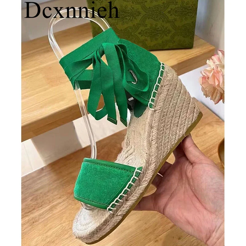 

Women Suede Ankle Strap Sandalias Straw Woven Wedge shaped Open Toe High Heel Sandals Summer Outdoor Holiday Sexy Dress Shoes