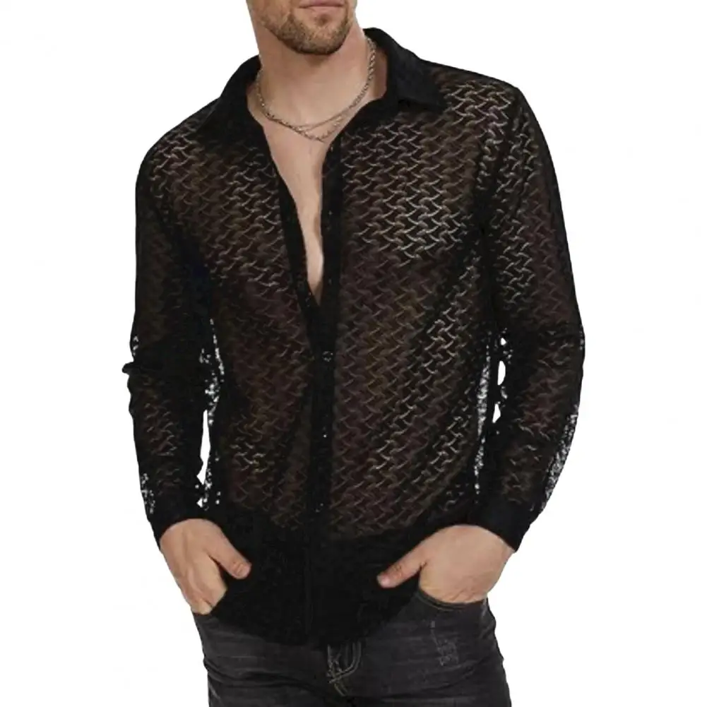 

Men Lace See-through Shirt Stylish Men's Lace Mesh Cardigan with Turn-down Collar for Summer Vacation Beach Wear Long Sleeves