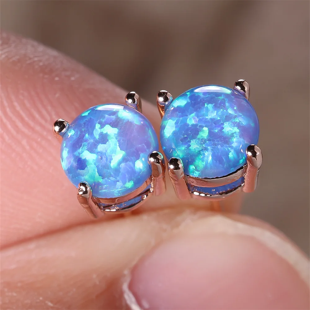 Pink White Blue Green Opal 6MM Round Stone Stud Earrings For Women Rose Gold Color Wedding Jewelry Minimalist Engagement Gifts