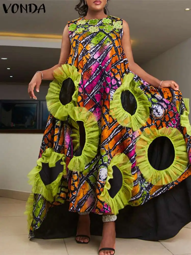 

Богемный женский сарафан VONDA с принтом 2024, летнее кружевное лоскутное Макси-платье, повседневное пляжное платье без рукавов размера плюс 5XL