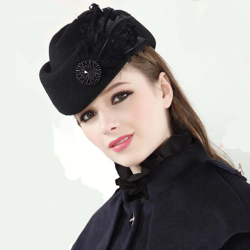 

Фетровая шляпа Fedoras, модная винтажная шерстяная шляпа, женский элегантный берет с перьями, шляпа-федора для стюардесс, женская шляпа для церкви