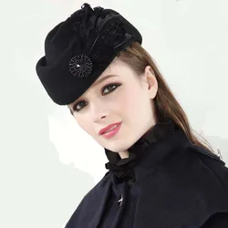 Fedoras Fashion Vintage Wool Felt Hat Women Elegant Beret Feathers Stewardess Fedora Hats Church Ladies Formal Caps