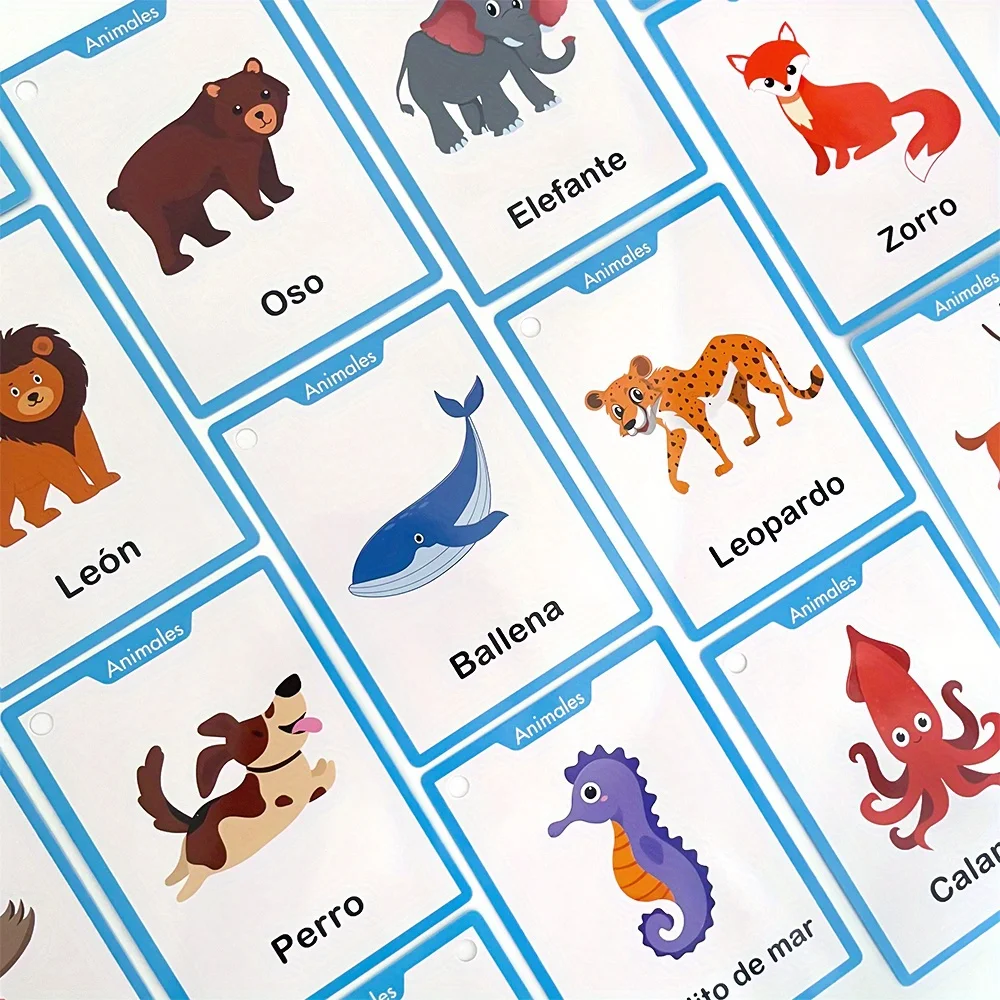 4-Themen, Obst, Gemüse, Lebensmittel, Tiere, Körperteile, spanische Vokabelkarten für Kinder, Heimschule, Lernkarten, Lehrmittel – Detail 5