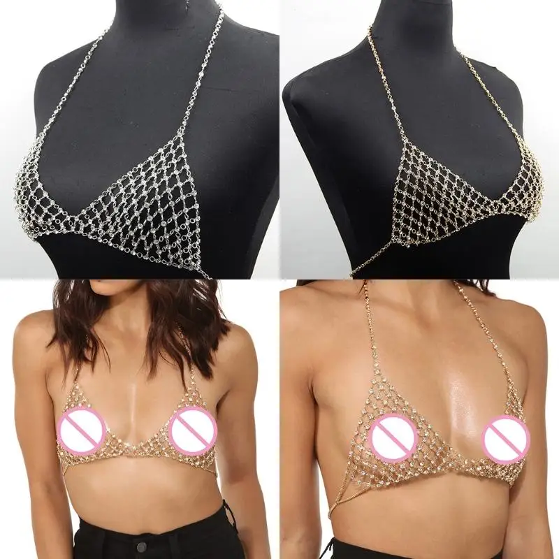 U1JC Vacation Leisure Sexy for Rhinestone Chest Chain Fashion Bra Chain