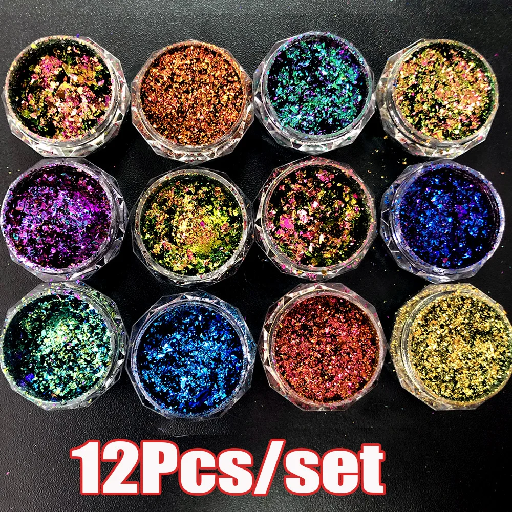 

12Jars/set Laser Chameleon Eyeshadow/Nail Art Flakes Net0.2-12Pcs Chameleon Peacock Galaxy Chrome Flakes Palliette Nail Sequins