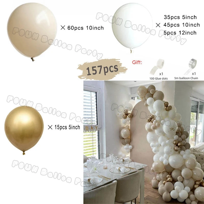 Guirxiété de ballons en arc, sable, blanc, or, beige, ingent