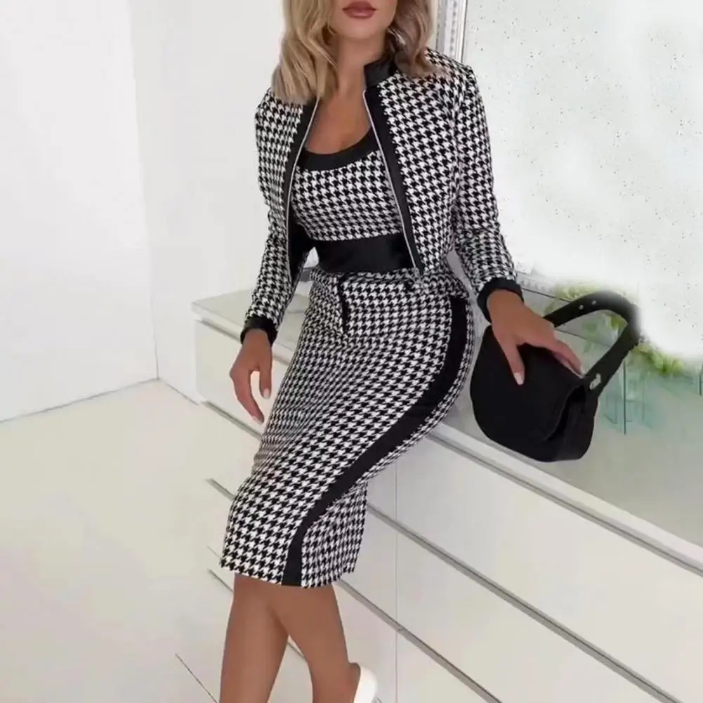 

Winter Autumn Fashion Printing 3 Piece Set Women Casual Sleeveless Top Skirt Coat 3 Piece Set Women