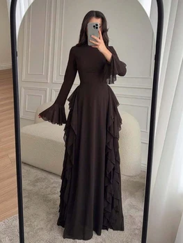 2025 European and American Women's Elegant Casual High-Waisted Solid-Colour Bell-Sleeve Dress Long Dress with Long Sleeves 1
