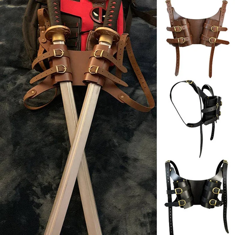 

Retro Adjustable Medieval Sword Double Shoulder Back Sheath Scabbard Frog Holder for Men Ninja Warrior Costume Cosplay Props