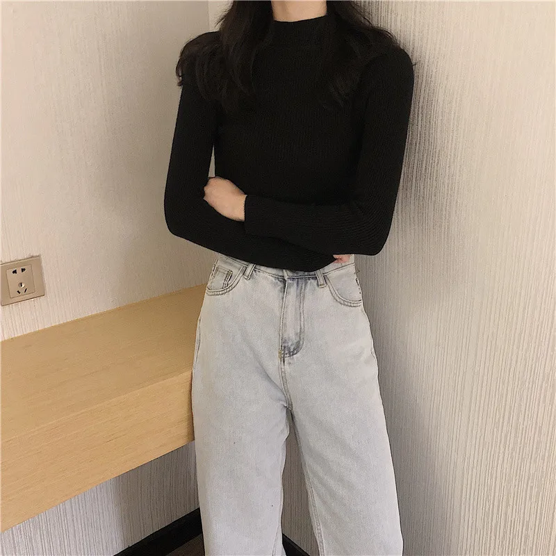 short sleeve cardigan Autumn Winter New Long Sleeve Pullover Sweater Solid Color Korean Version Half High Collar Slim Fit Knitted Bottomed Shirt Top blue sweater