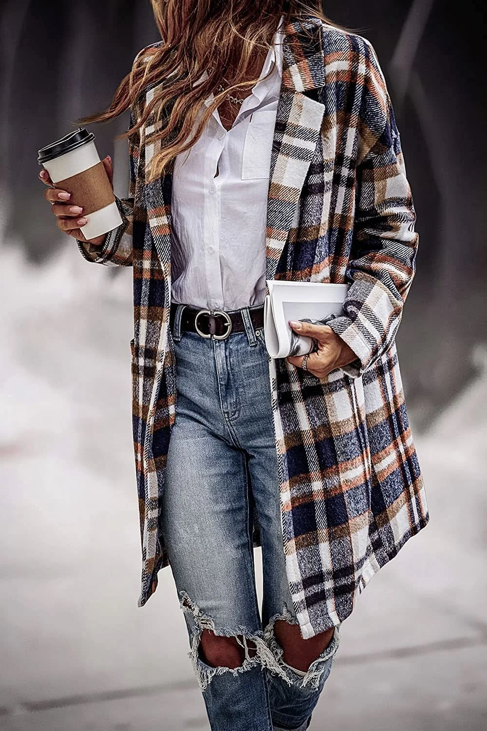 Autumn Winter Women's Lapel Pocket Plaid Wool Jacket Coat