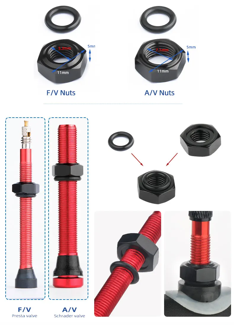 Aluminiummuttern für Fahrrad Schrader Presta Ventilbefestigung Gewindering A/V F/V Schaftscheiben Felgenschutzaufkleber – Detail 4