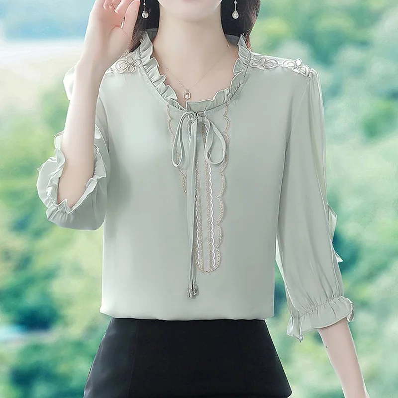 Summer New Chiffon Lacing Blouse 3/4 Sleeve Round Neck Solid Color All-match Shirt Tops Temperament Elegant Women Clothing