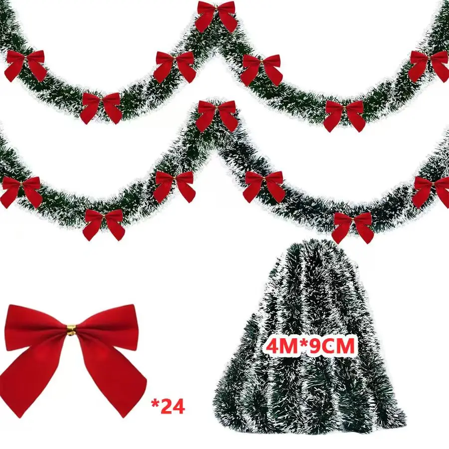 Festive Green Tinsel Ribbon with Bow Garland