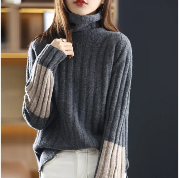 

2023 New Winter Fashion High-end Atmosphere High Collar Loose and Slim Contrast Color Temperament Commuting Women's Warm Sweater