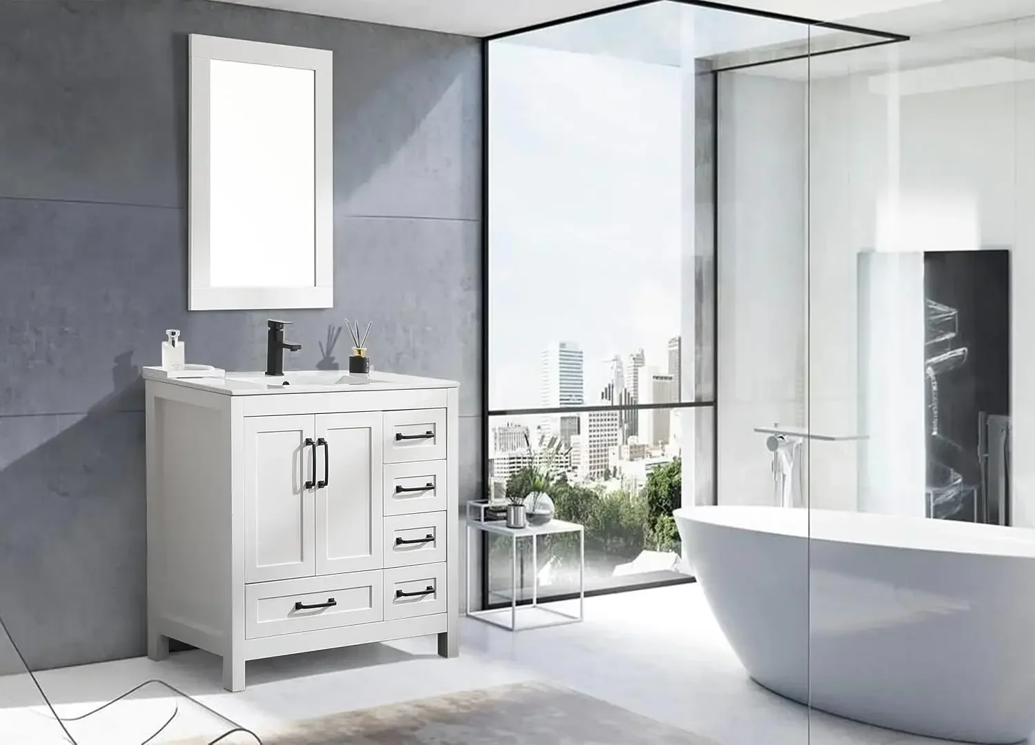 36" Bathroom Vanities Cabinet with Sink Combo Set Undermount Ceramic Sink w/Thickened Wood Painted Surface White 3