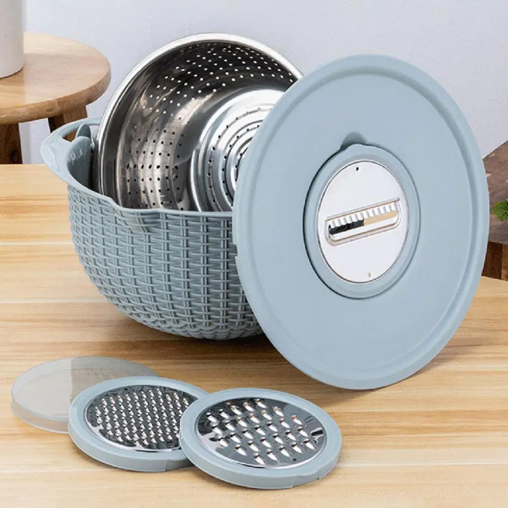 Food Colander With Mixing Bowl Stainless Steel Strainer Fruit Cleaner With 3 Cutting Blades Food Slicer Grater Kitchen Gadgets 3