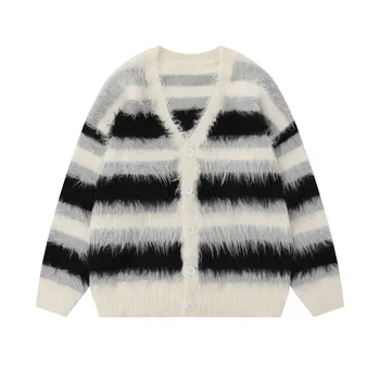 Striped Plush V-neck Sweater Men's Loose Casual Brushed Knit Trendy Couple Versatile Comfortable Harajuku High Street Cardigan - Image 3