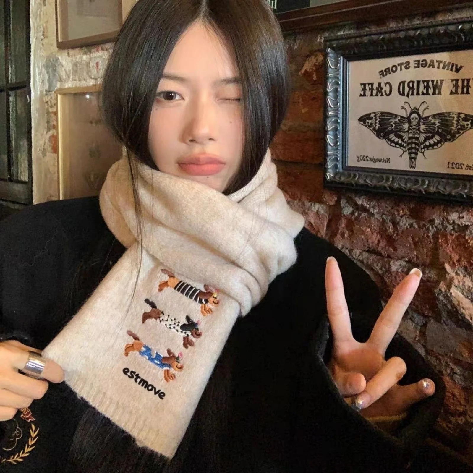 Dog Embroidery Hat Scarf Set, 2-in-1 Knit Winter Warm Set,Cute Animal Pattern Accessories, Stylish Women's Cold Weather