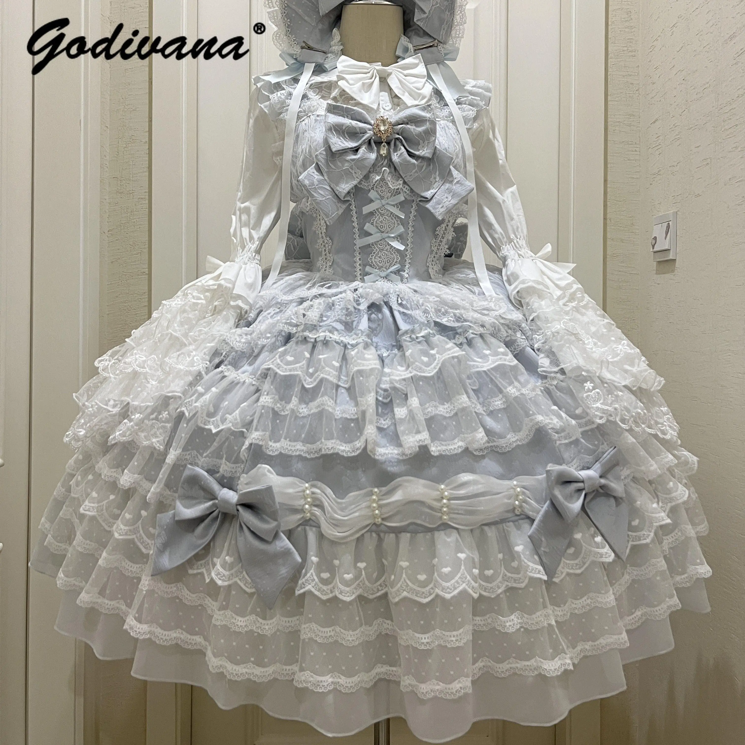 Original Design Lolita Sweet Dress Set Girl Women's Cute Lace Flare Sleeve Inner Shirt Fairy Lace Bow Jsk Suspender Cake Dress 2