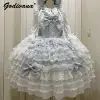 Original Design Lolita Sweet Dress Set Girl Women's Cute Lace Flare Sleeve Inner Shirt Fairy Lace Bow Jsk Suspender Cake Dress 2
