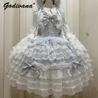 Original Design Lolita Sweet Dress Set Girl Women's Cute Lace Flare Sleeve Inner Shirt Fairy Lace Bow Jsk Suspender Cake Dress 2