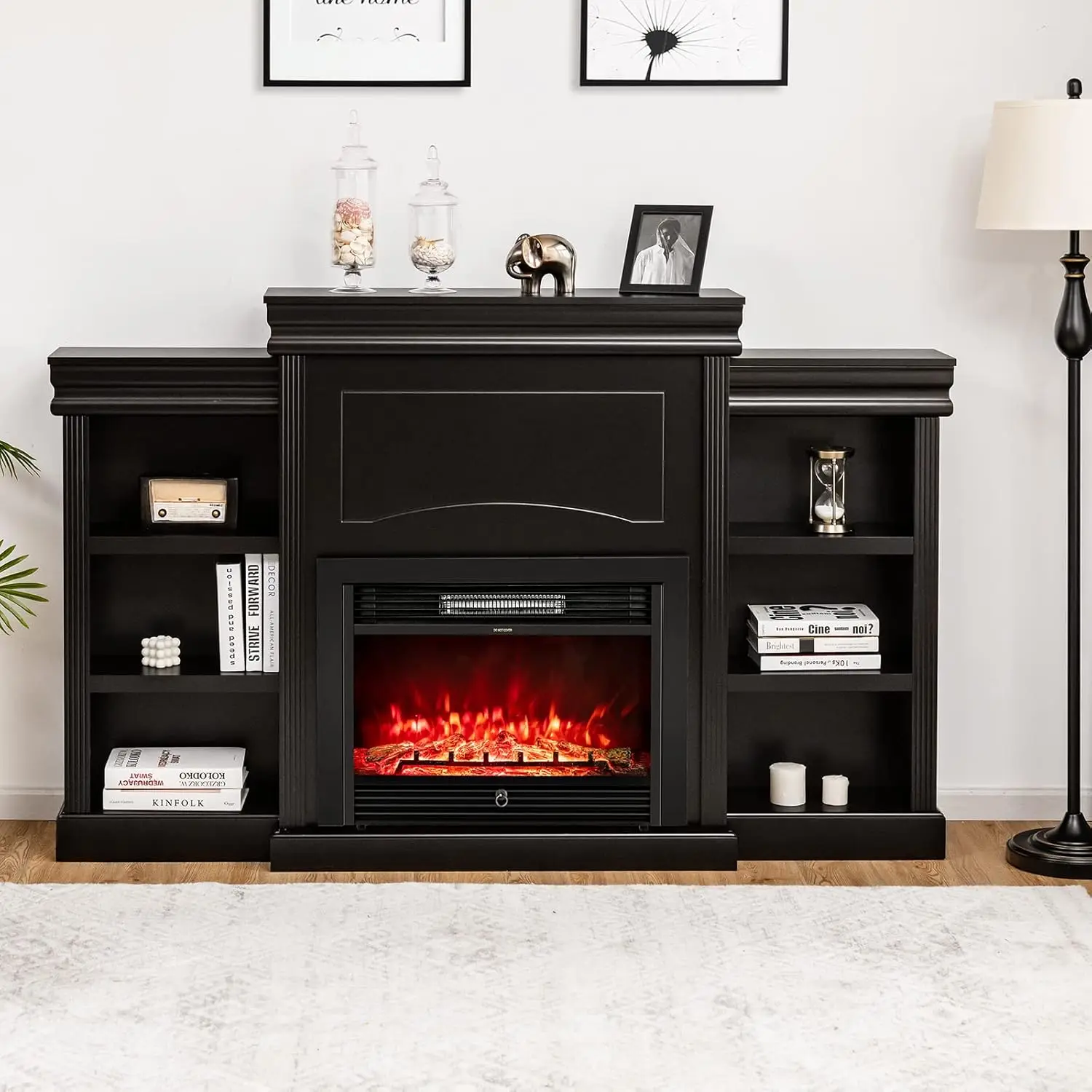 70" Mantel Fireplace, 750W/1500W Electric Fireplace w/Mantel & Built-in Bookshelves, 28.5-Inch Electric Fireplace w/Remote Contr