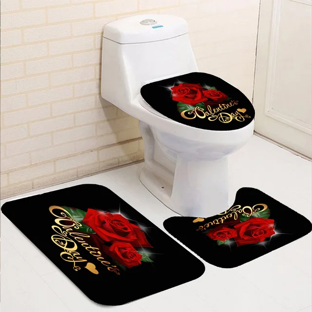 Rose Flower Shower Curtain Set Non-Slip Rugs Bath Mat Toilet Lid Cover and 12 Hooks Waterproof Polyester Bathroom Decor R-Bath Rug Mat-3Pcs
