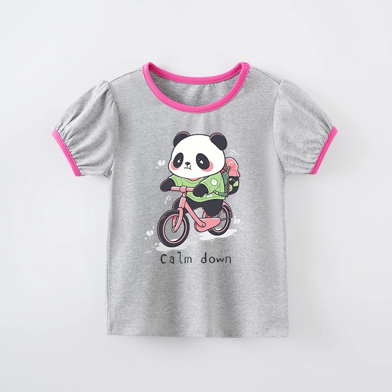 Boy And Girl Cute Cartoon Panda Comfortable Round Neck Short Sleeved Baby Gray T-Shirt Summer Children's Clothing