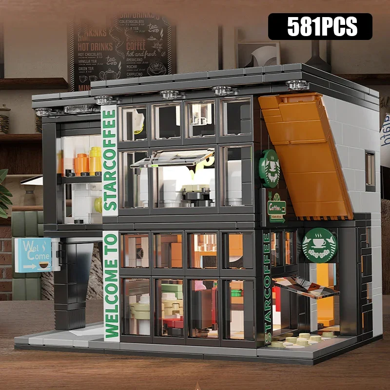 Coffee Shop City House Building Blocks Set for Adults, City Street View Construction Toy with Light, Christmas Kid Boy Girl Gift