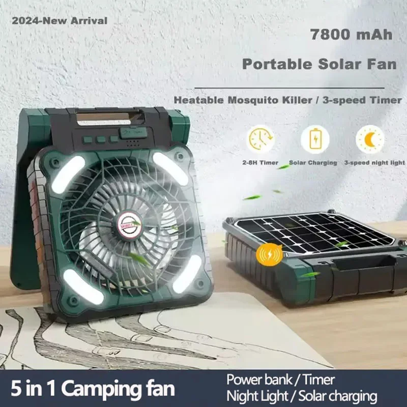 

7500mAh USB Camping Tent Fan with Solar Panel Table Stand Cooling Fans Rechargeable Power Bank Vertical Desktop Fan Outdoor Lamp