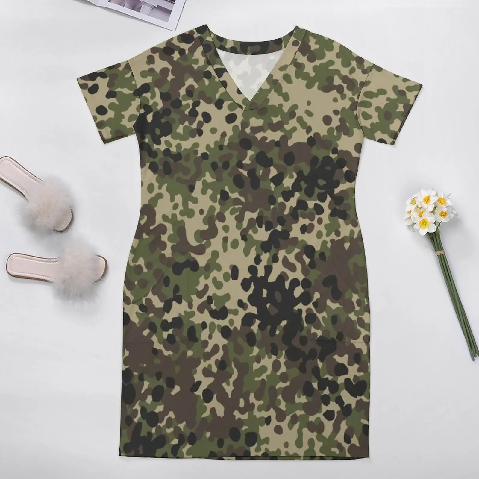 Digital Camo Print Casual Dress Female Flecktarn Camouflage Military Modern Dresses Summer V Neck Street Wear Dress Plus Size