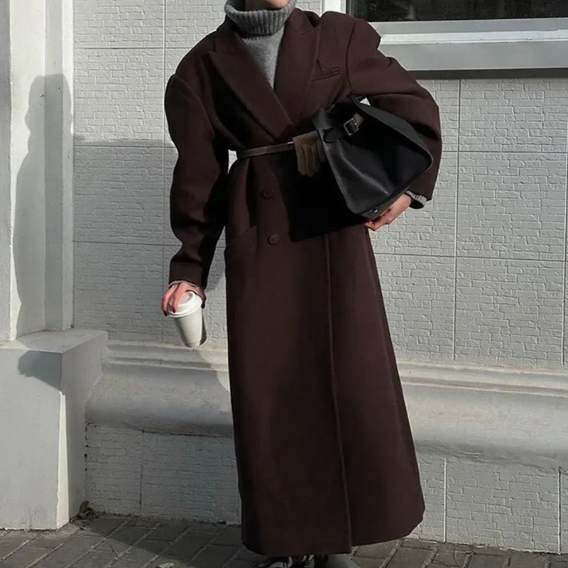 Elegant Lapel Pocket Woolen Long Trench Coat Women Fashion Full Sleeve Loose Overcoat Autumn Winter Lady Commute Outwear