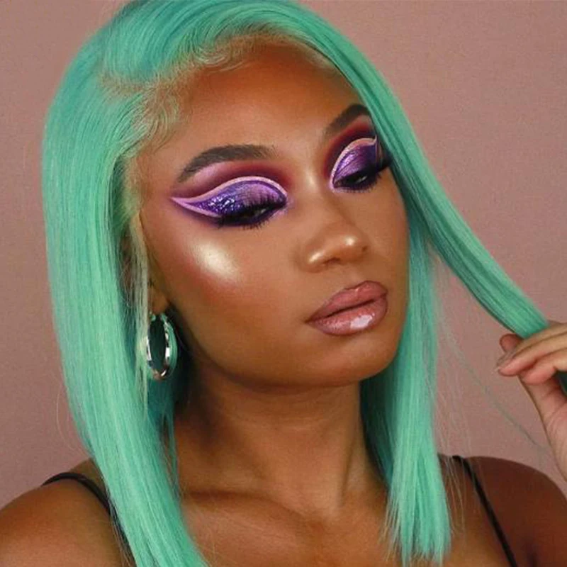 13X4 Short Bob Pixie Cut Straight Mint Green Colored Human Hair Frontal Wig T Part HD Transparent Lace Wigs For Woman Preplucked