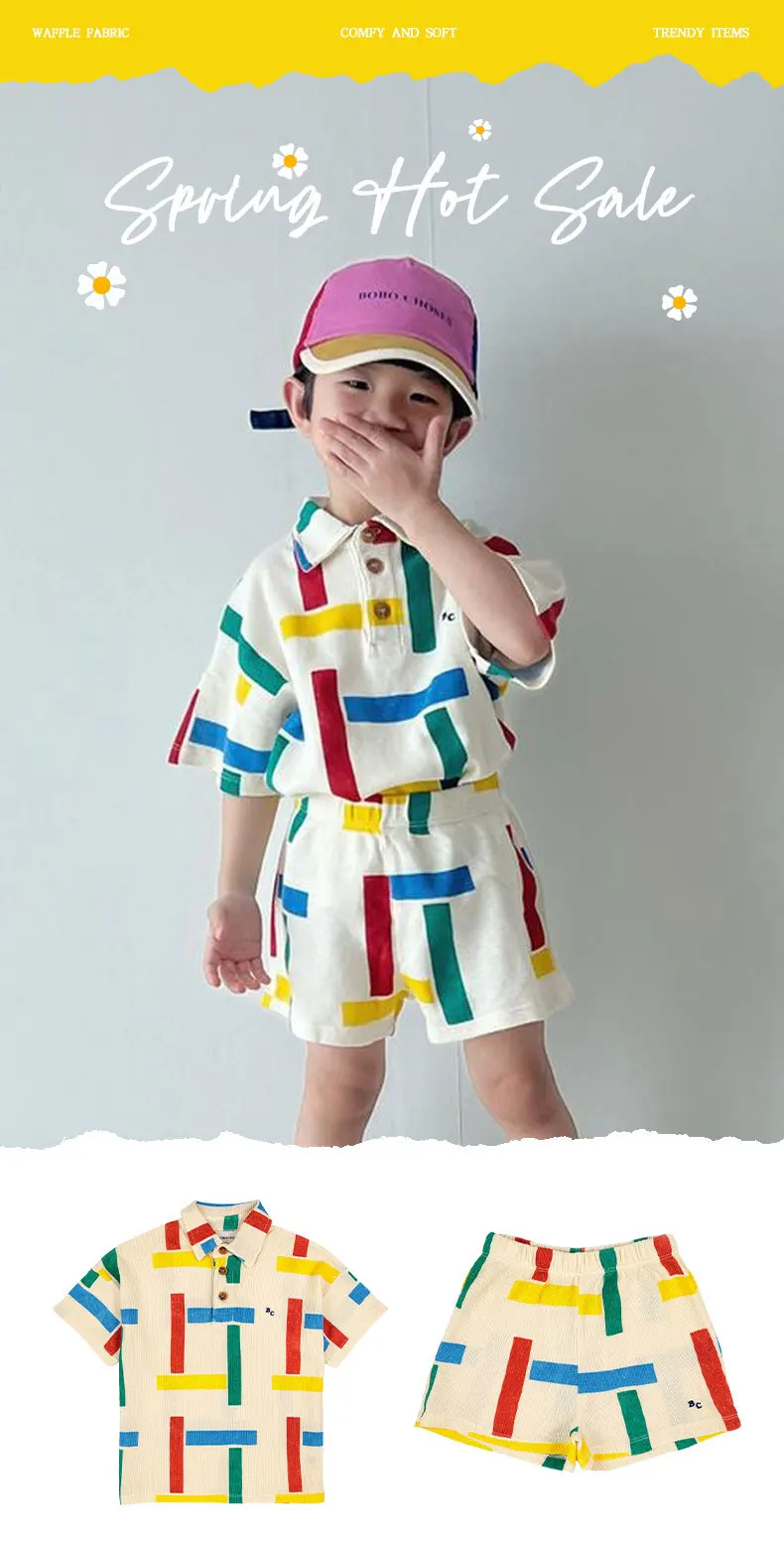 2023 BC Summer Girls' Korean Style Cute Contrast Square Polo Neck Waffle T-shirt Children's Set Children Clothing