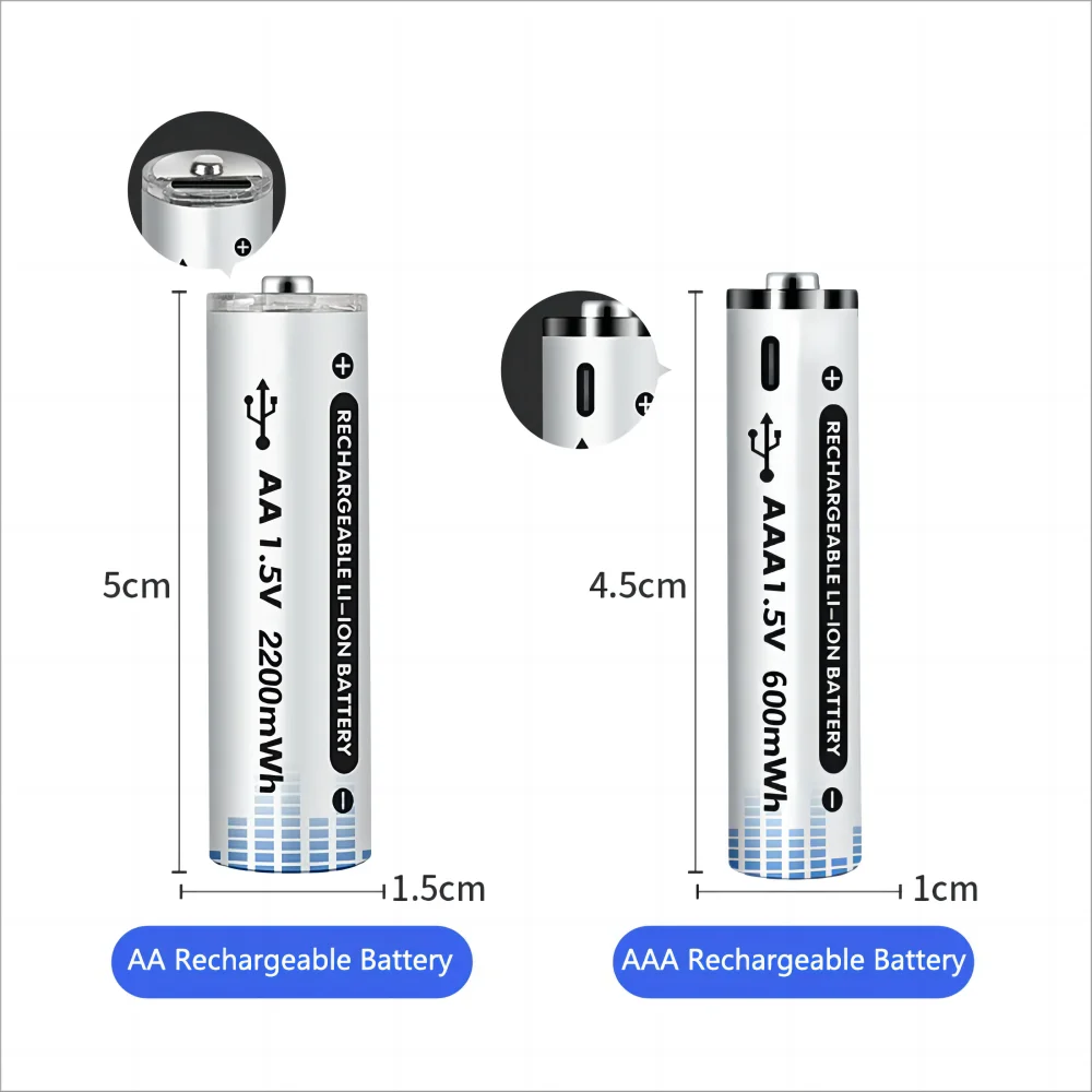 리모컨 마우스용 USB 충전식 리튬 이온 배터리, 전기 장난감 배터리, C타입 케이블, 1.5V, AAA, 600mWh