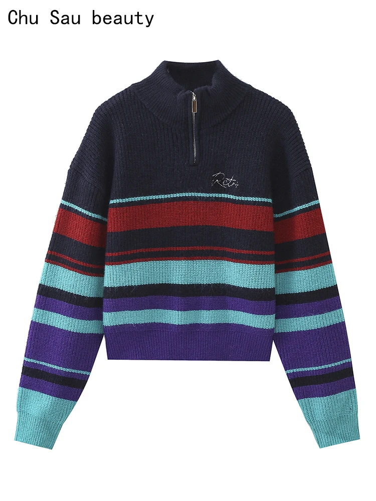 

Chu Sau beauty 2023 Women Autumn Fashion Sweet Striped Knitted Pullover Preppy Style Long Sleeve Sweater Chic Zipper Jumpers