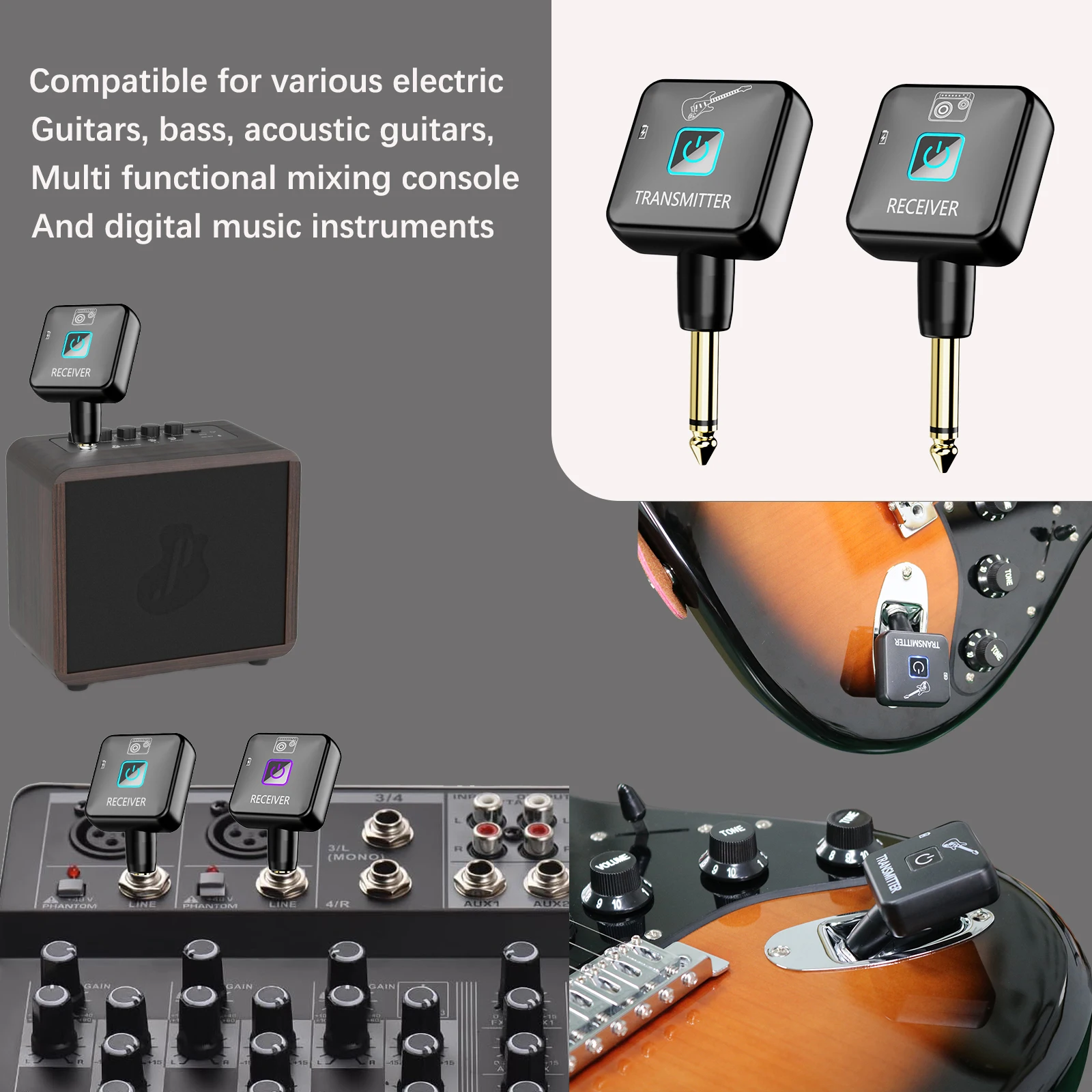 Wireless Guitar System 2.4GHz Wireless Transmitter Receiver 4 Signal Channel for Bass Electric Instruments