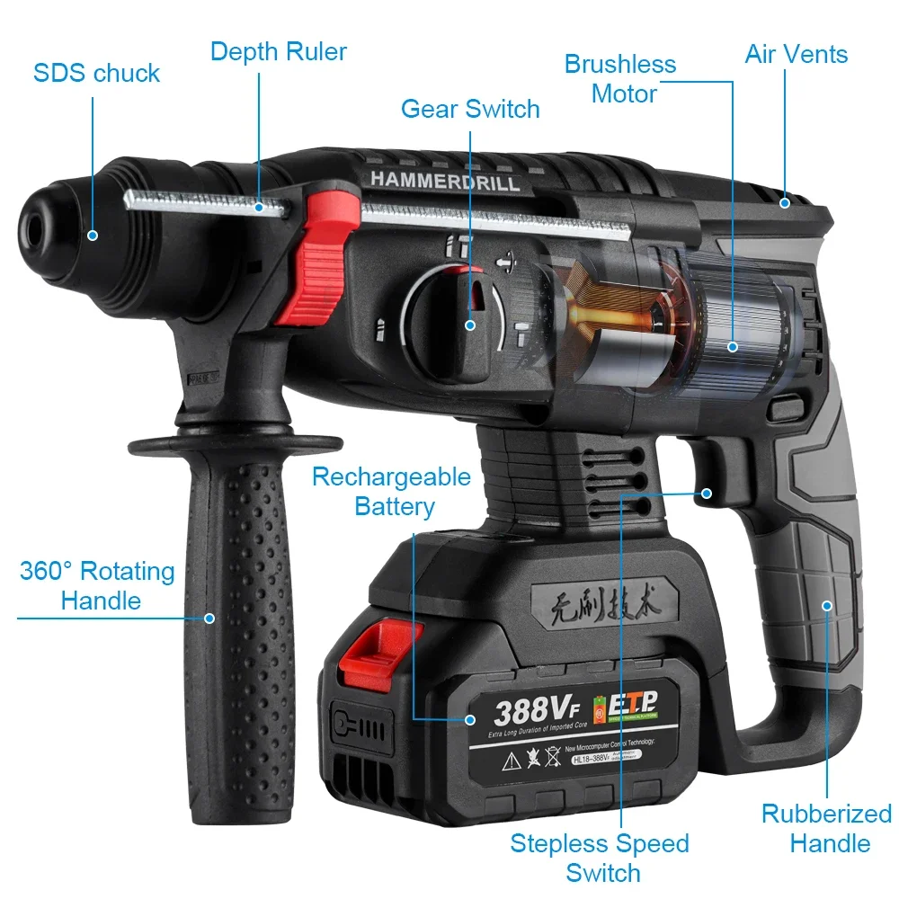 Brushless Electric Hammer Drill Multifunction Cordless Handheld Efficient Rechargeable Rotary Power Tool For Makita 18V Battery 2