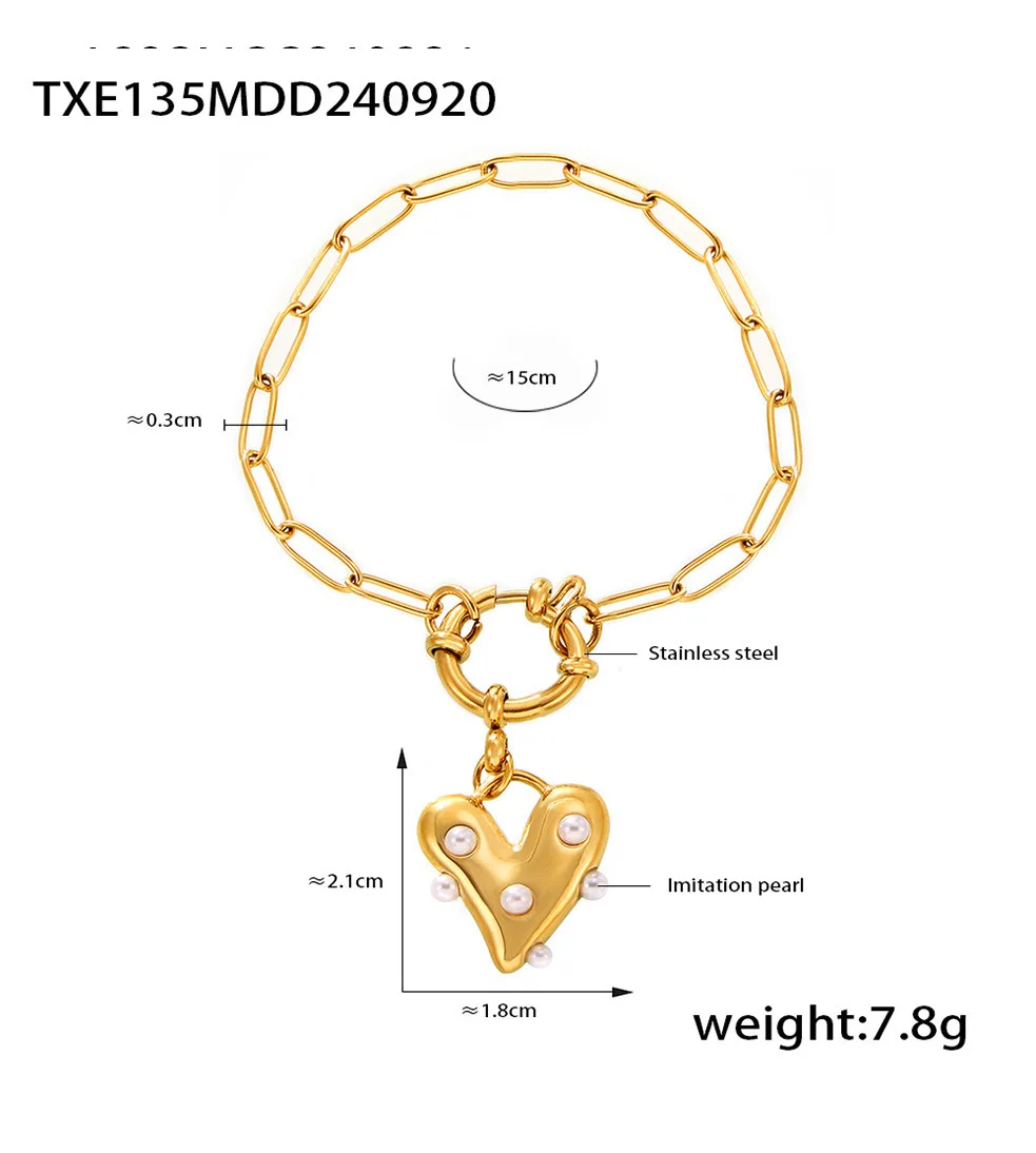 Imitationsperle Doppelschichten Herz Anhänger Halskette Armband Ohrringe Ring Set 4 Stück Damen Edelstahl vergoldet Schmuck – Detail 7