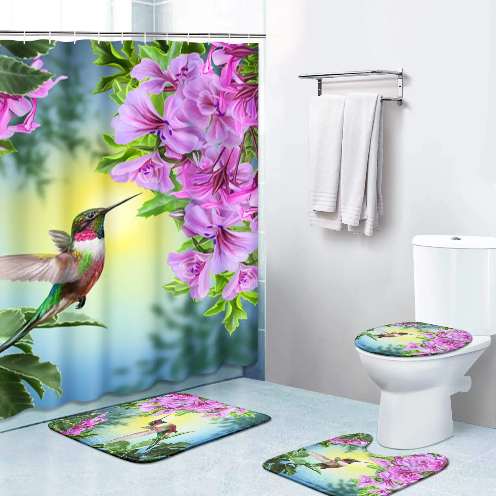 4pcs Flowers Hummingbird Shower Curtain Set, with Non-Slip Rugs,Toilet Lid Cover, Bath Mat,Durable Waterproof Bathroom Decor Set