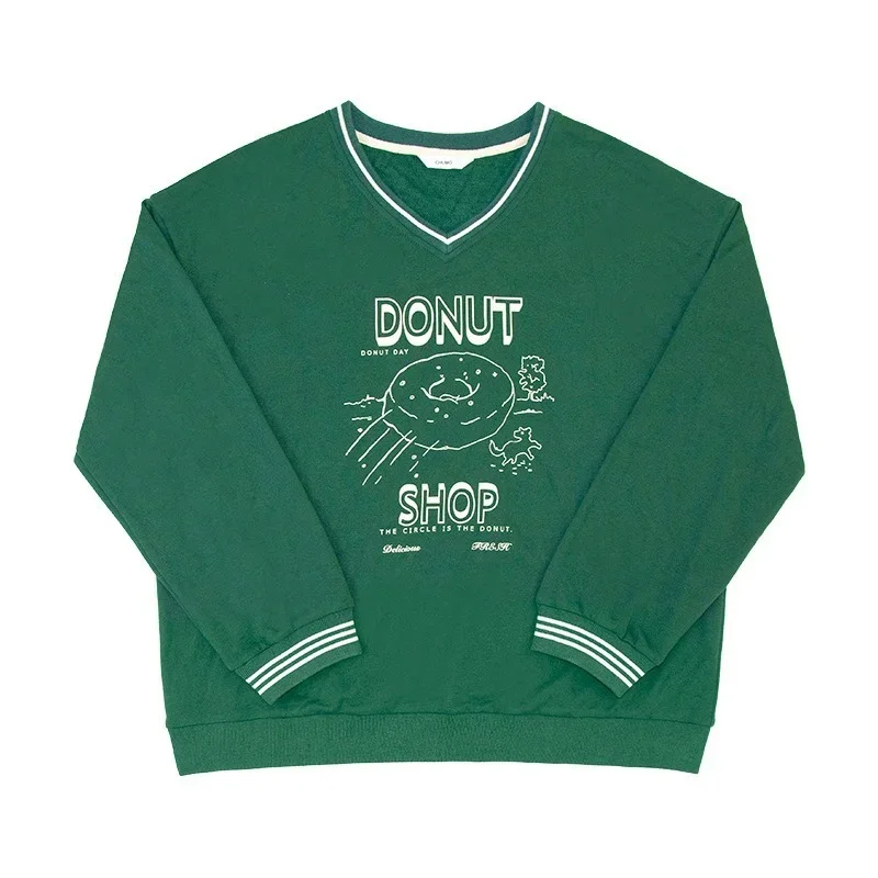 Women V-Neck Looe Casual Sweatshirts Spring Autumn All-Match Streetwear Long Sleeve Tops Preppy Style Fashion Printed Pullovers